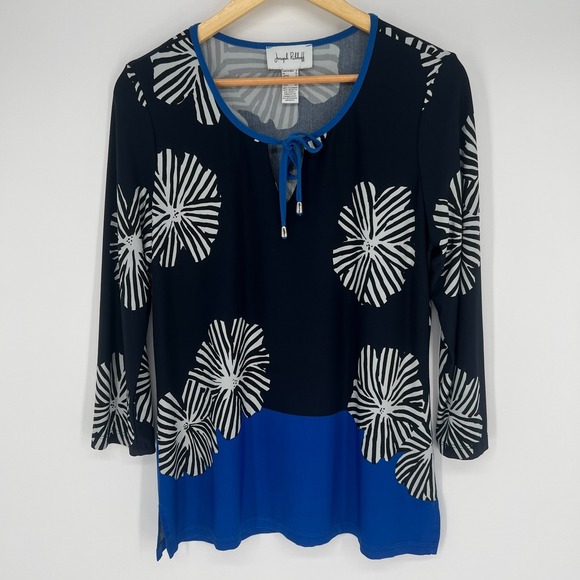 Joseph Ribkoff Navy Blue Floral Tunic Top Womens 8 3/4 Sleeve Tie Neck Canada - Picture 10 of 11